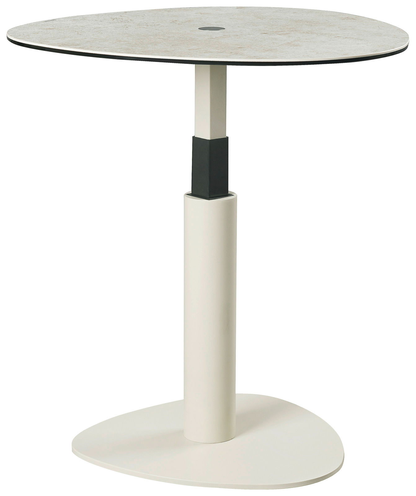 Moderner Beistelltisch mit runder Tischplatte und stabiler Säule, seitliche Perspektive