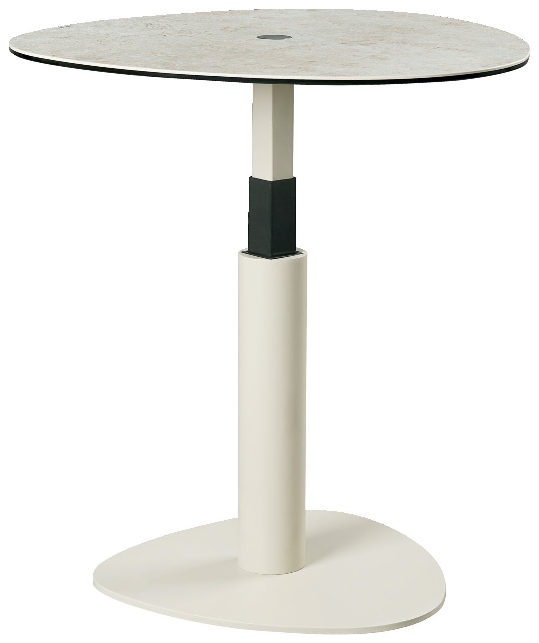Moderne bijzettafel met rond tafelblad en stevige poot, zijaanzicht