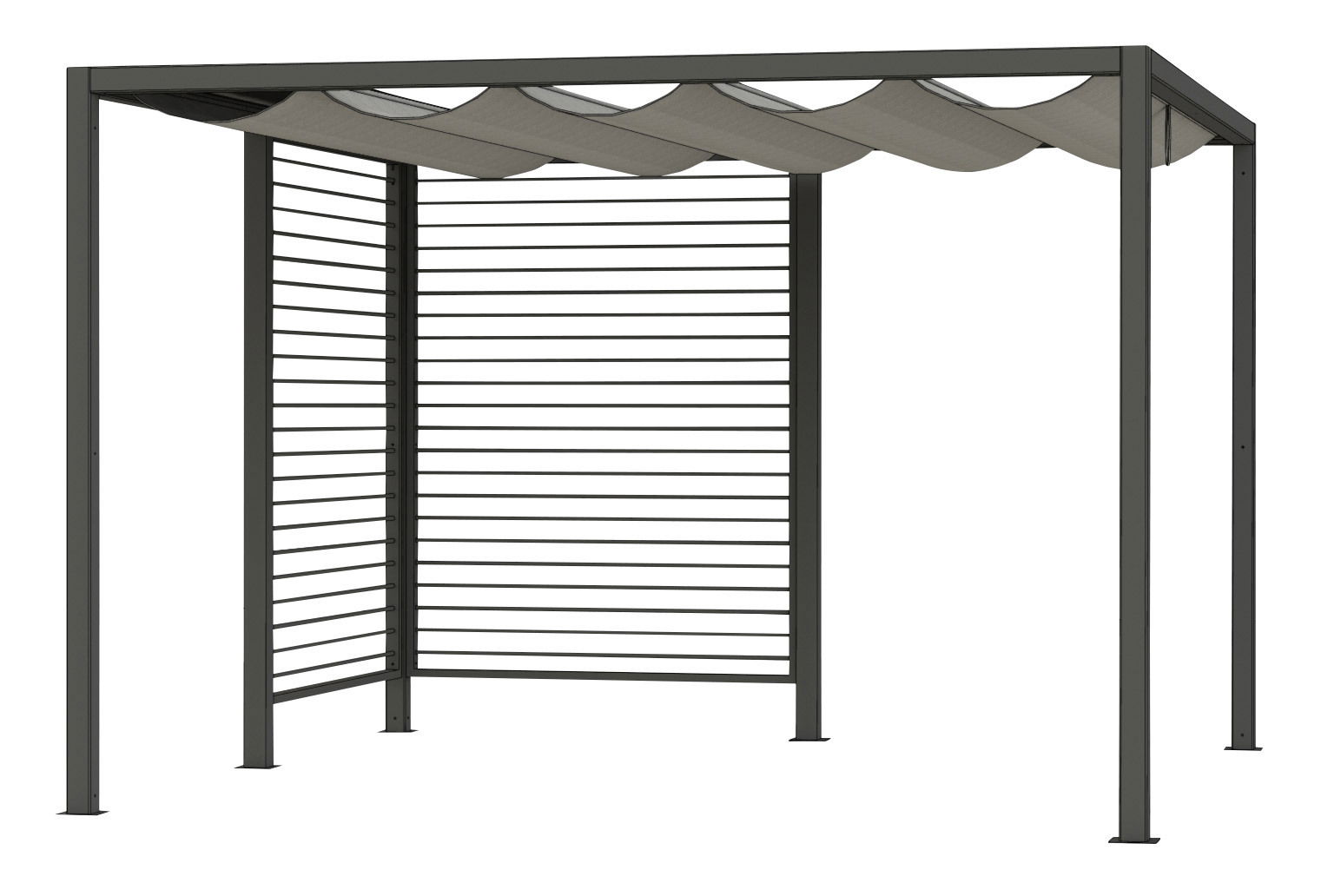 Moderner Sichtschutz aus Aluminium mit Lamellen und gewelltem Dach, seitliche Perspektive