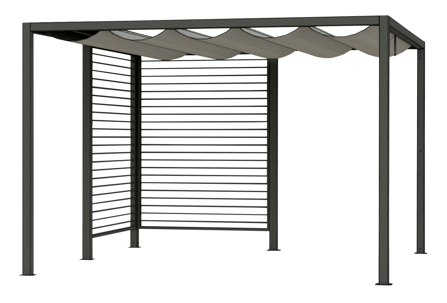 Moderner Sichtschutz aus Aluminium mit Lamellen und gewelltem Dach, seitliche Perspektive