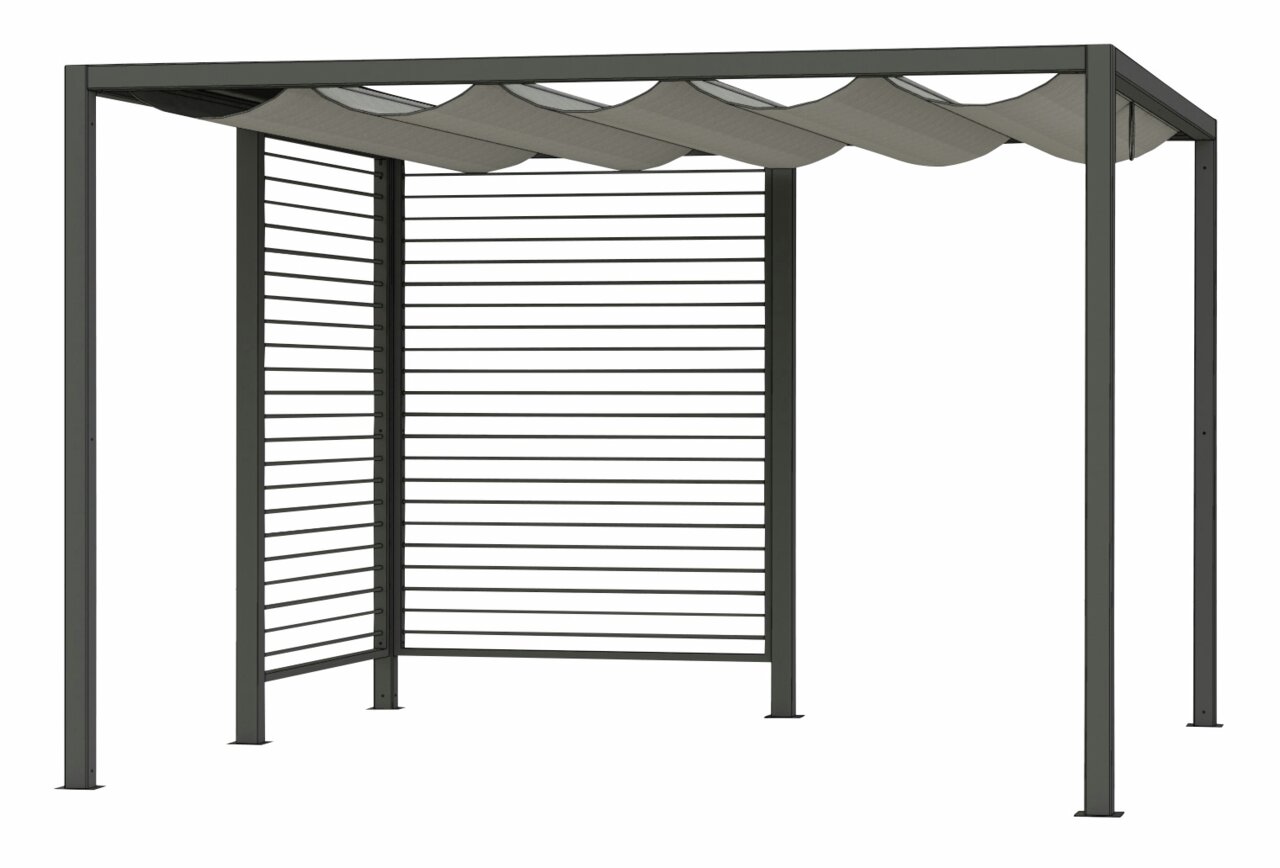 Moderner Sichtschutz aus Aluminium mit Lamellen und gewelltem Dach, seitliche Perspektive