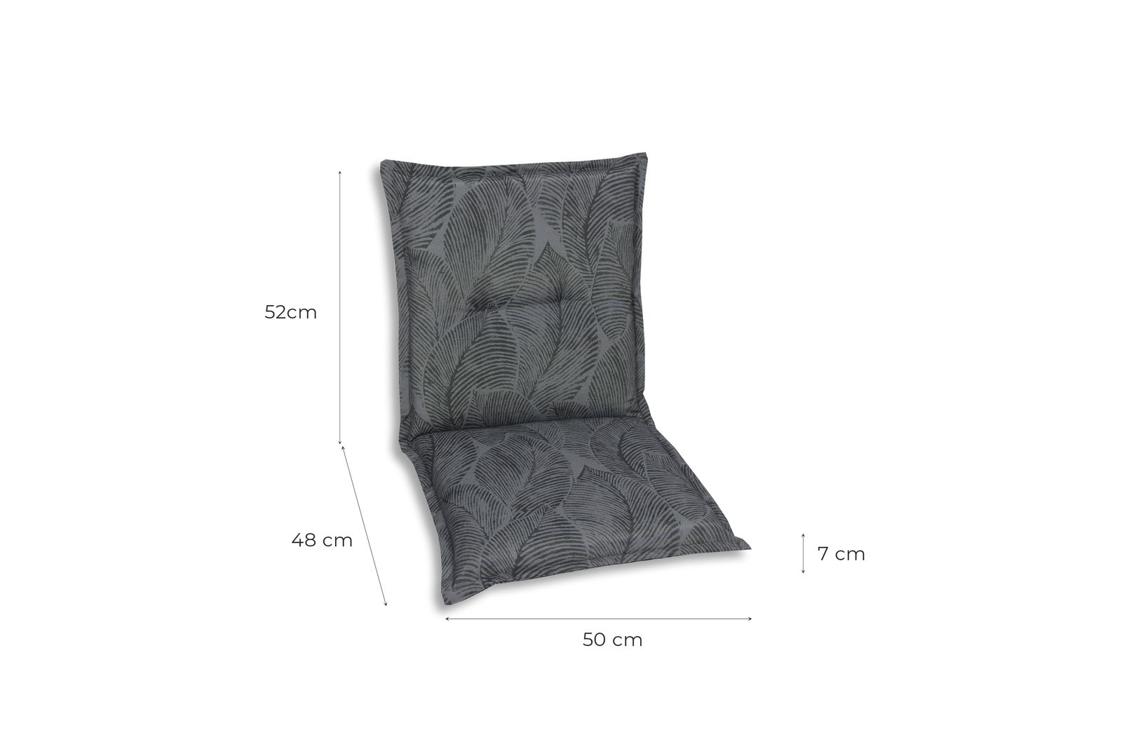 Graue Sesselauflage mit Blattmuster, seitliche Perspektive, Maße: 52 cm Höhe, 48 cm Sitzfläche, 50 cm Breite, 7 cm Dicke