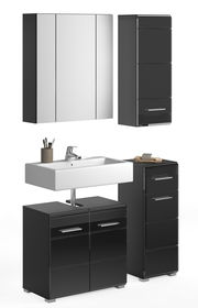 Moderne Badkombination in Schwarz mit Spiegelschrank, Waschbecken und Stauraum, Frontalansicht.