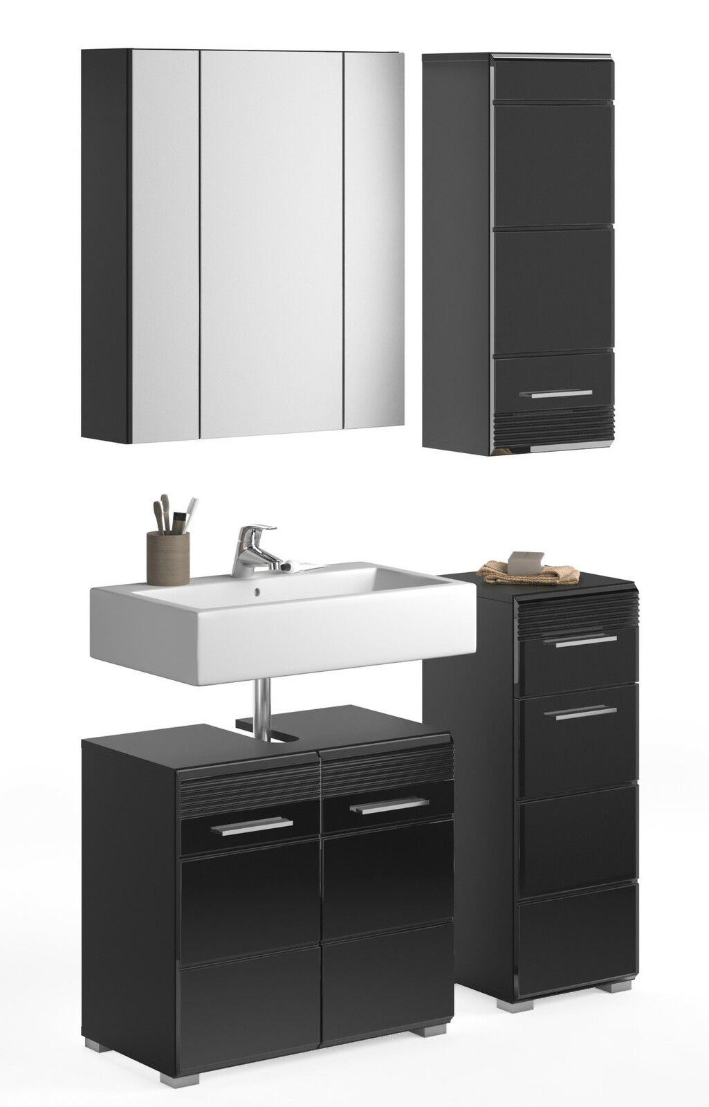 Moderne Badkombination in Schwarz mit Spiegelschrank, Waschbecken und Stauraum, Frontalansicht.