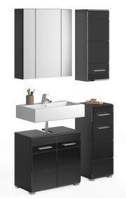 Moderne Badkombination in Schwarz mit Spiegelschrank, Waschbecken und Stauraum, Frontalansicht.