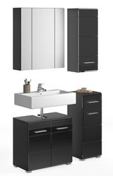 Moderne Badkombination in Schwarz mit Spiegelschrank, Waschbecken und Stauraum, Frontalansicht.