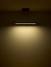 Moderne Hängeleuchte ETHAN von Globo Lighting, seitliche Perspektive, leuchtet warmes Licht an die Wand.