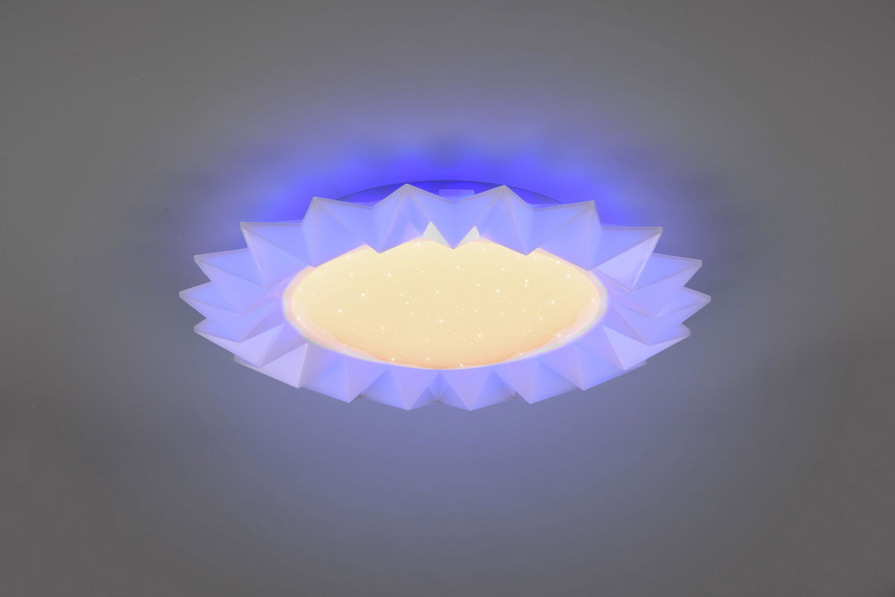 LED-Deckenleuchte SUNFLOWER mit sternenklarem Effekt und blauer Umrandung, von unten betrachtet.