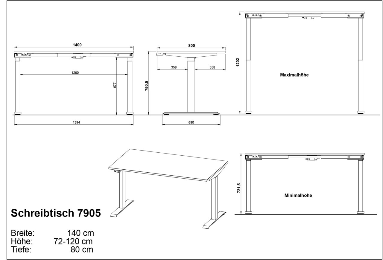 Technische Zeichnung eines höhenverstellbaren Schreibtisches mit den Maßen 140 cm Breite, 72-120 cm Höhe und 80 cm Tiefe. Verschiedene Ansichten zeigen den Tisch von vorne, der Seite und in einer perspektivischen Darstellung.