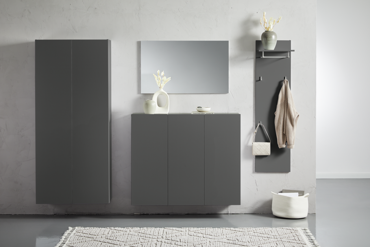 Moderne, graue Hängemöbel im Wohnzimmer mit Spiegel und Dekoration, frontal betrachtet.