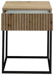 Nachtkommode aus Holz mit geriffelter Front und schwarzem Metallgestell, Frontalansicht