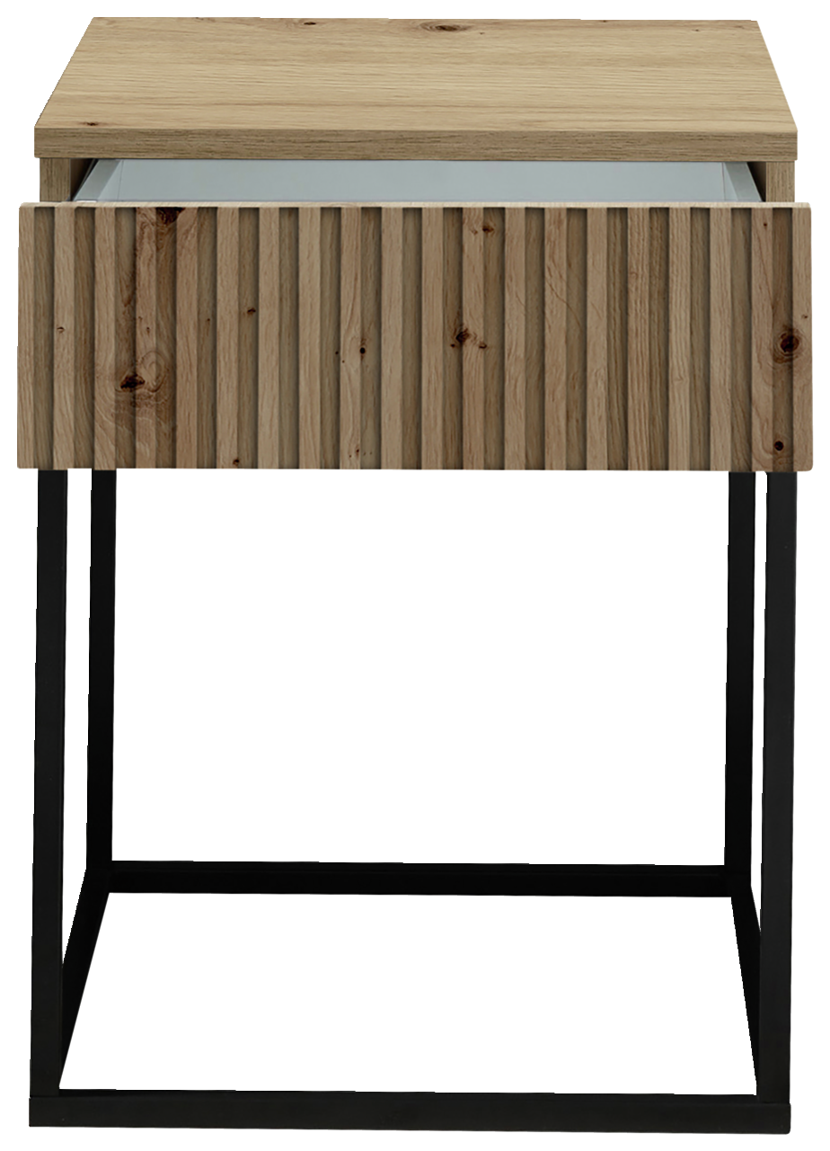 Nachtkommode aus Holz mit geriffelter Front und schwarzem Metallgestell, Frontalansicht