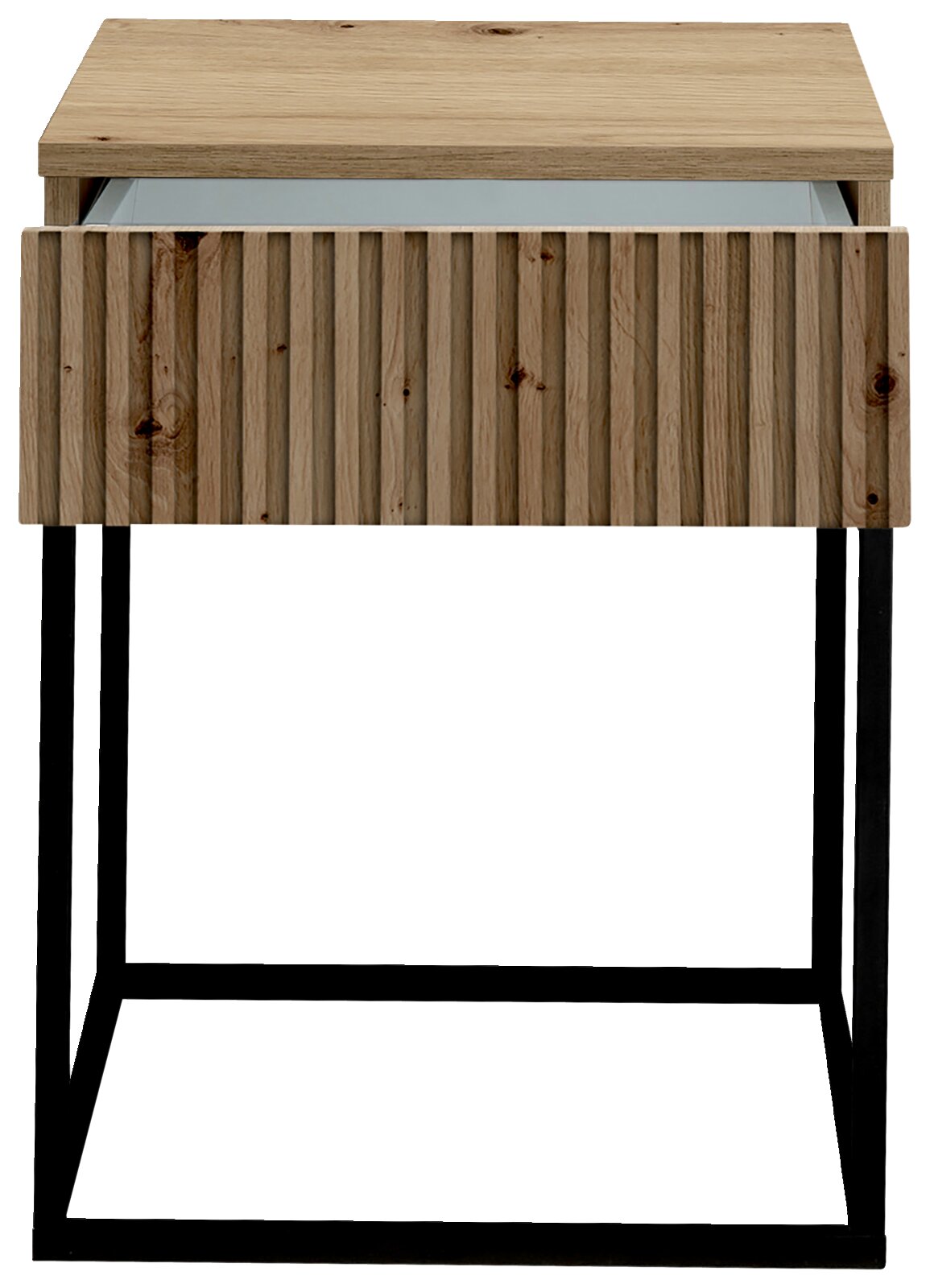 Nachtkommode aus Holz mit geriffelter Front und schwarzem Metallgestell, Frontalansicht