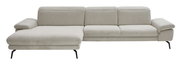 Graues Longchair-Sofa mit linker Armlehne, moderne Metallfüße, Frontalansicht.