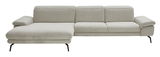 Graues Longchair-Sofa mit linker Armlehne, moderne Metallfüße, Frontalansicht.
