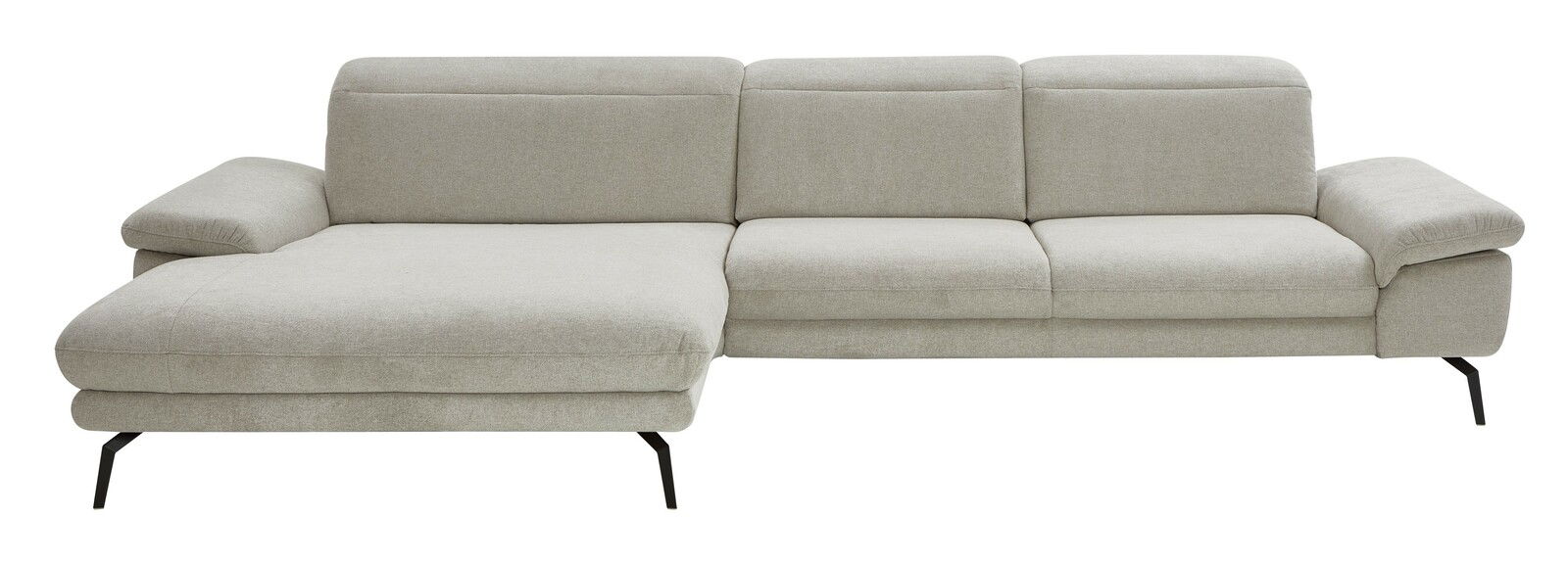 Graues Longchair-Sofa mit linker Armlehne, moderne Metallfüße, Frontalansicht.
