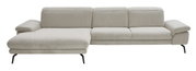 Graues Longchair-Sofa mit linker Armlehne, moderne Metallfüße, Frontalansicht.