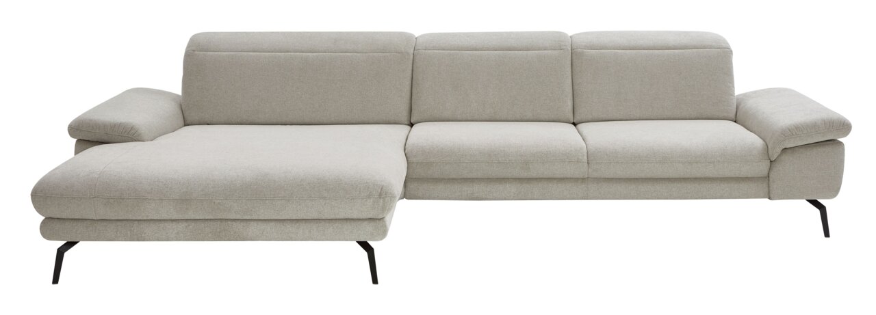 Grijze longchair-bank met linkerarmleuning, moderne metalen poten, vooraanzicht.