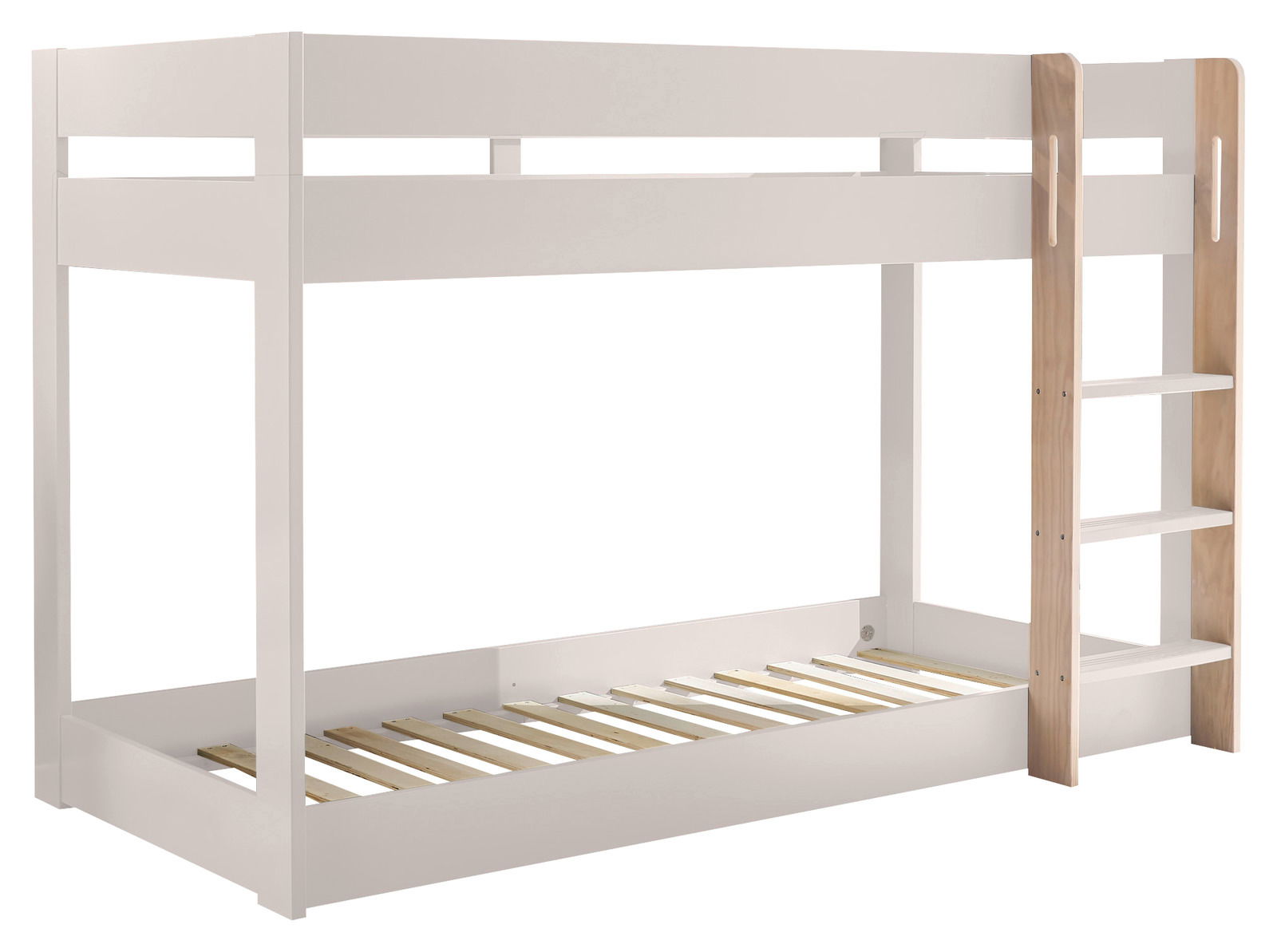 Weißes Etagenbett mit Holzleiter, seitliche Perspektive