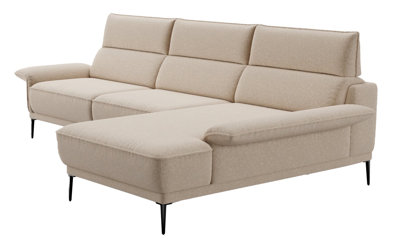 Beige Longchairkombination mit schwarzem Metallfuß, seitliche Perspektive