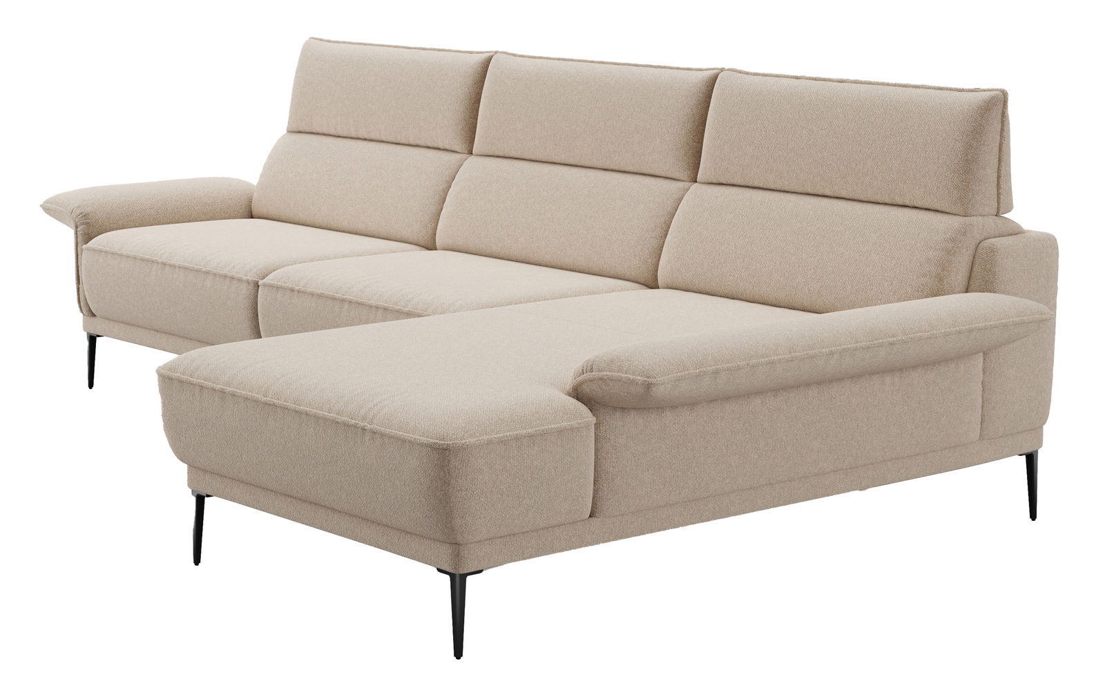 Beige Longchairkombination mit schwarzem Metallfuß, seitliche Perspektive