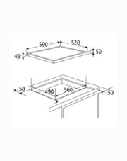 Technische Maßzeichnung eines rechteckigen Einbaurahmens/Abdeckrahmens mit Ausschnitt, Außenmaß ca. 590 x 520 mm und Randbreite 50 mm, dargestellt in isometrischer Schrägansicht von oben.