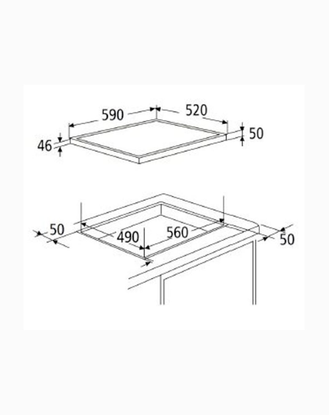 Technische Maßzeichnung eines rechteckigen Einbaurahmens/Abdeckrahmens mit Ausschnitt, Außenmaß ca. 590 x 520 mm und Randbreite 50 mm, dargestellt in isometrischer Schrägansicht von oben.
