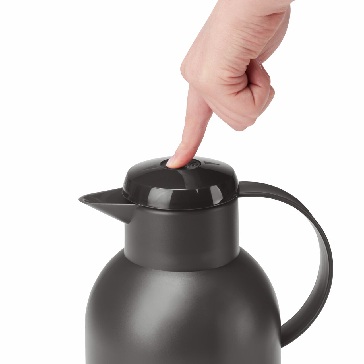 Schwarze Isolierkanne Samba 1,5l mit Druckmechanismus, seitliche Perspektive