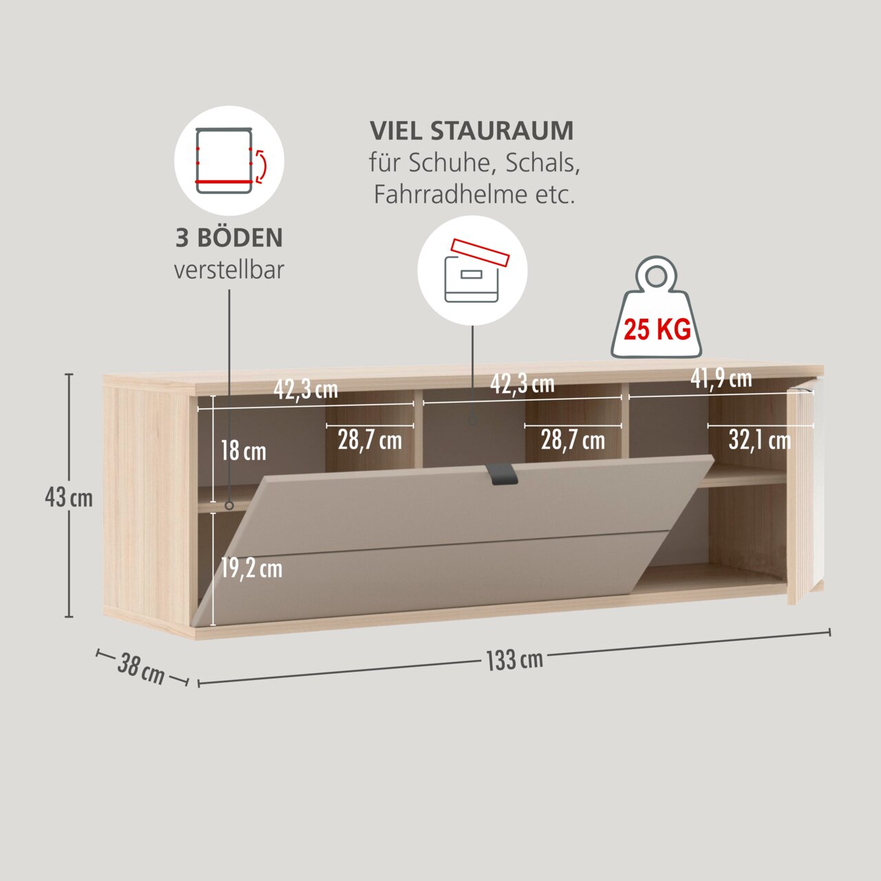 Schuhkipper/Schuhschrank in heller Holzoptik mit grauer Klappe, geöffnet und mit Maßangaben (ca. 133 x 43 x 38 cm), 3 verstellbaren Böden und 25-kg-Belastbarkeit, dargestellt in frontaler Perspektive mit leichtem Blick von oben.