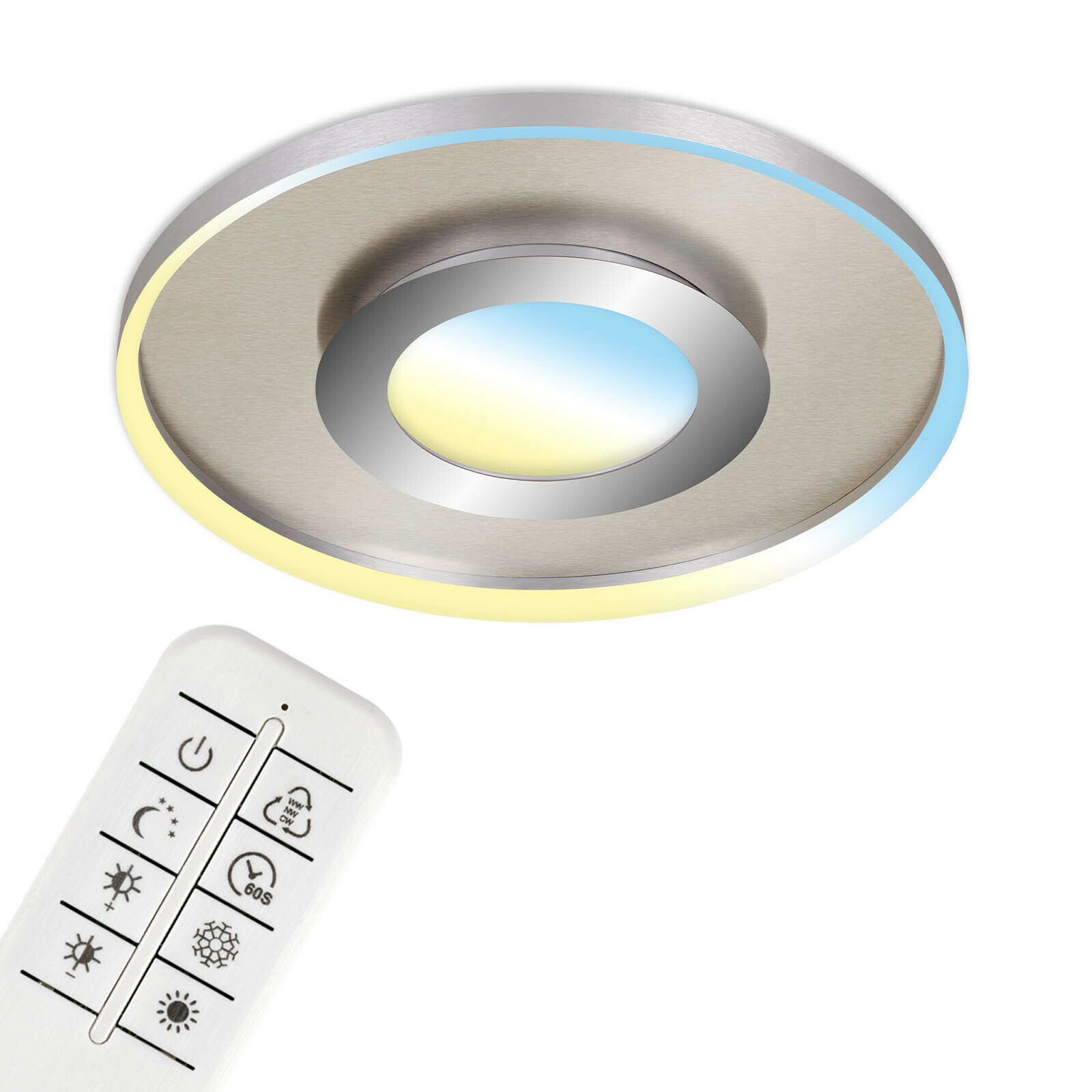 Moderne Deckenleuchte mit Mittellicht und Fernbedienung, Ansicht von unten.