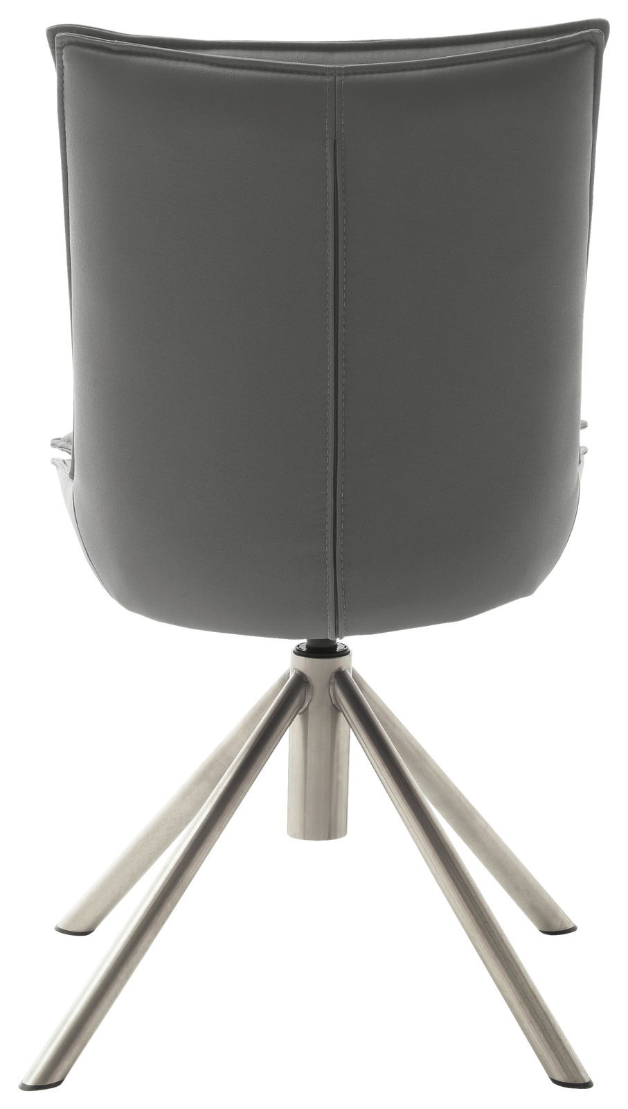 Rückansicht eines modernen Stuhls mit grauer Polsterung und einem stabilen Metallgestell mit vier Beinen.
