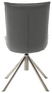 Rückansicht eines modernen Stuhls mit grauer Polsterung und einem stabilen Metallgestell mit vier Beinen.