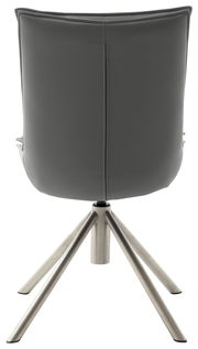 Rückansicht eines modernen Stuhls mit grauer Polsterung und einem stabilen Metallgestell mit vier Beinen.