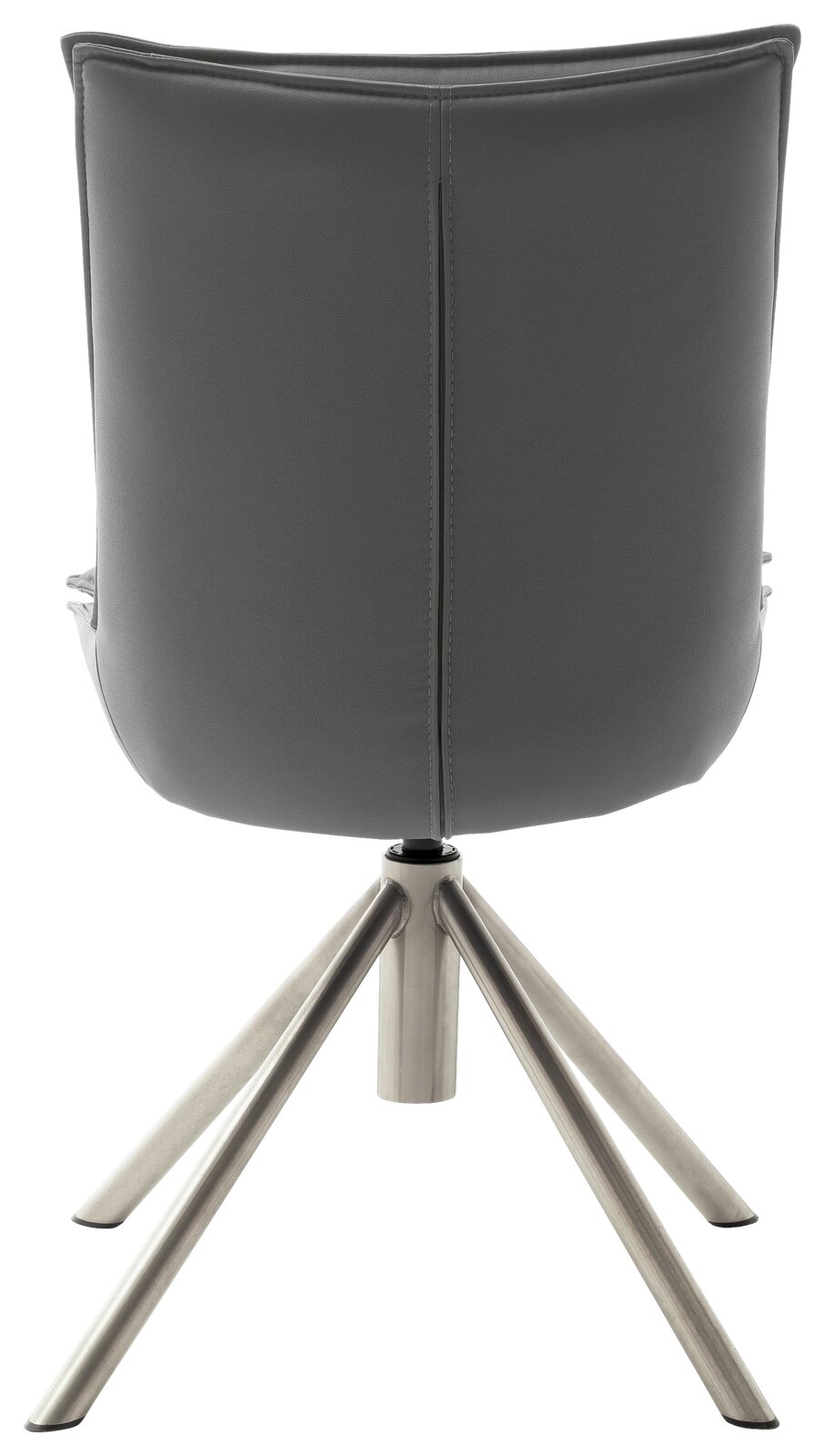 Rückansicht eines modernen Stuhls mit grauer Polsterung und einem stabilen Metallgestell mit vier Beinen.