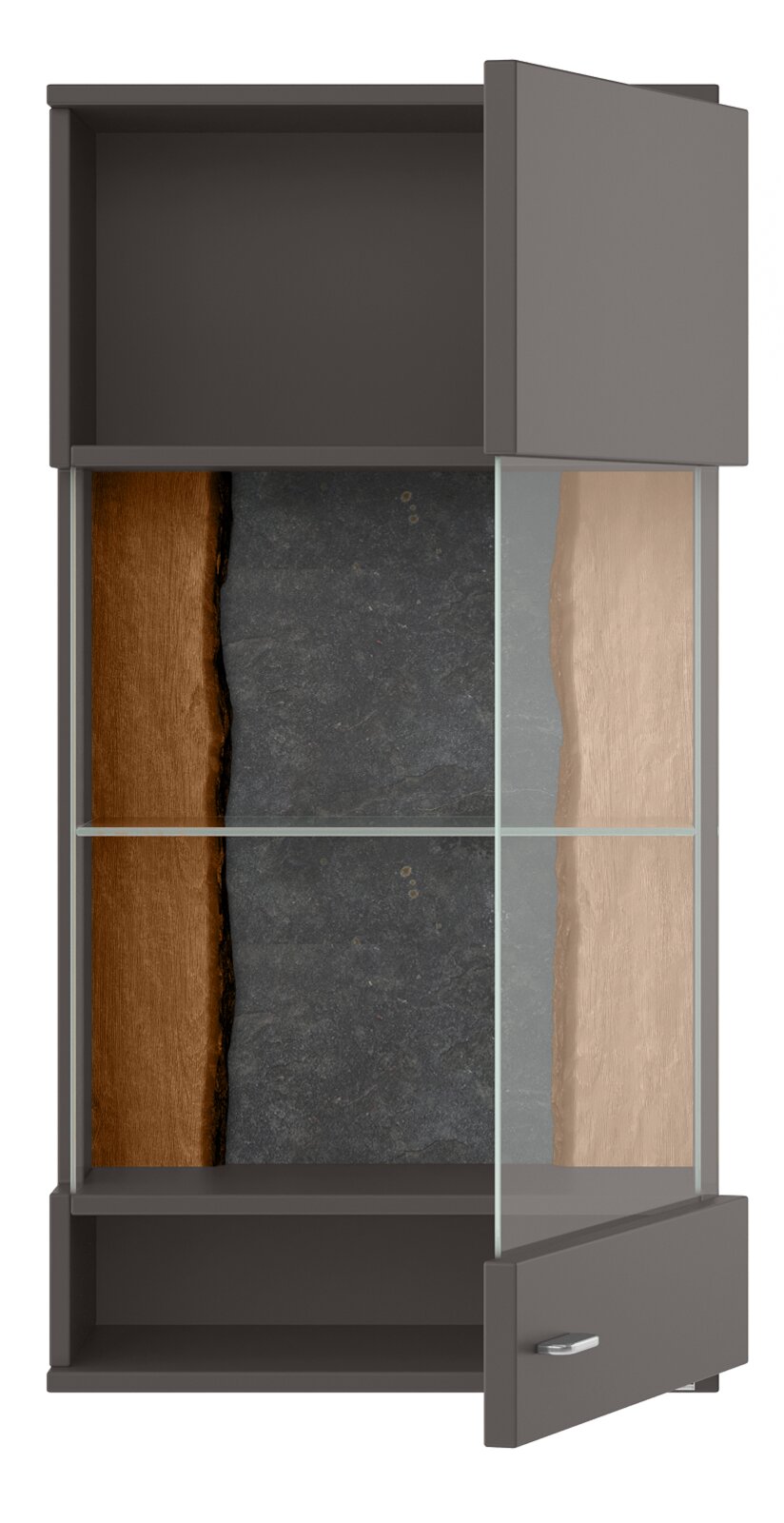 Hängevitrine TACOMA von Set one by Musterring, Frontansicht mit geöffneter Tür, modernes Design mit Glas- und Holzelementen.