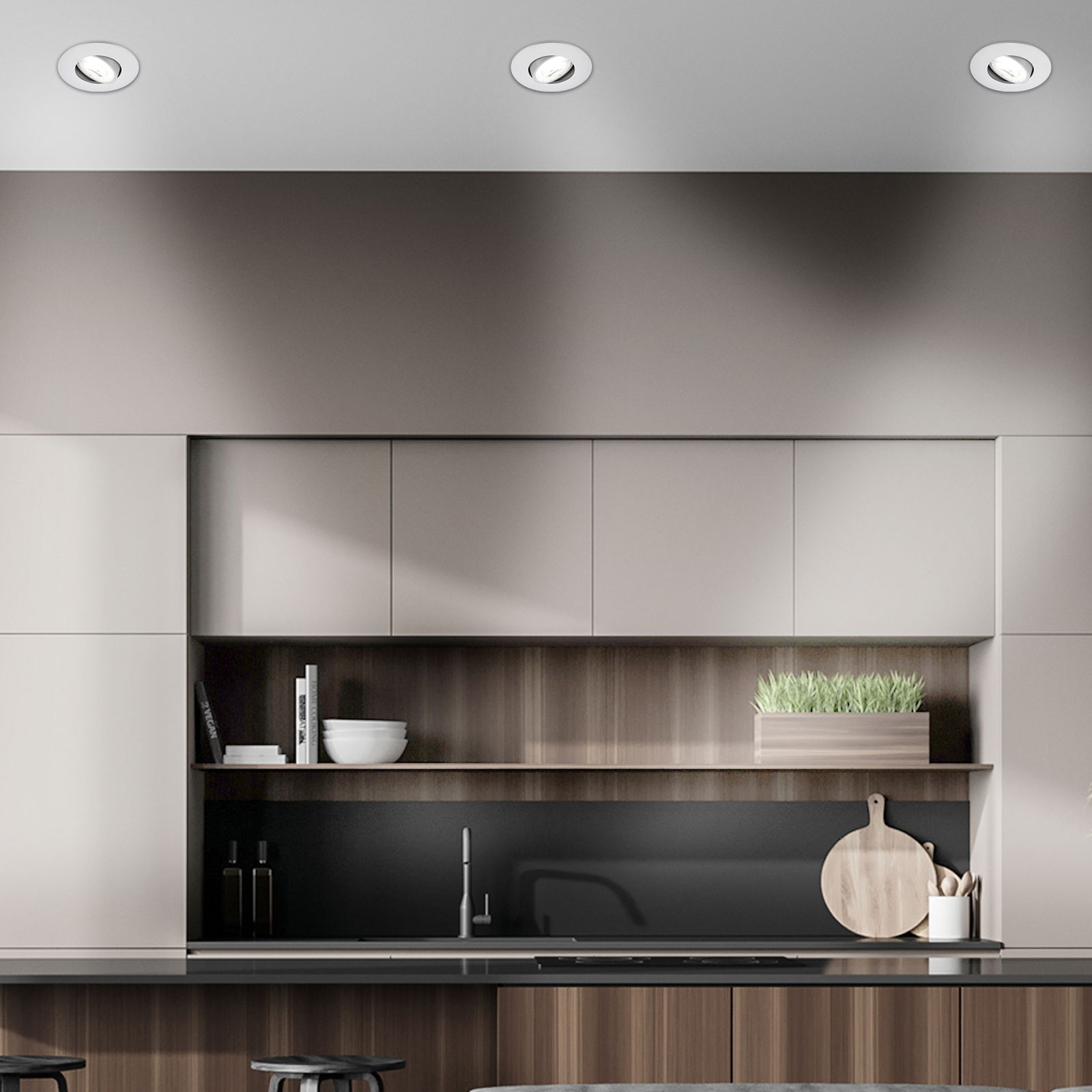 Moderne Küche mit drei eingebauten LED-Leuchten in der Decke, Perspektive von vorne