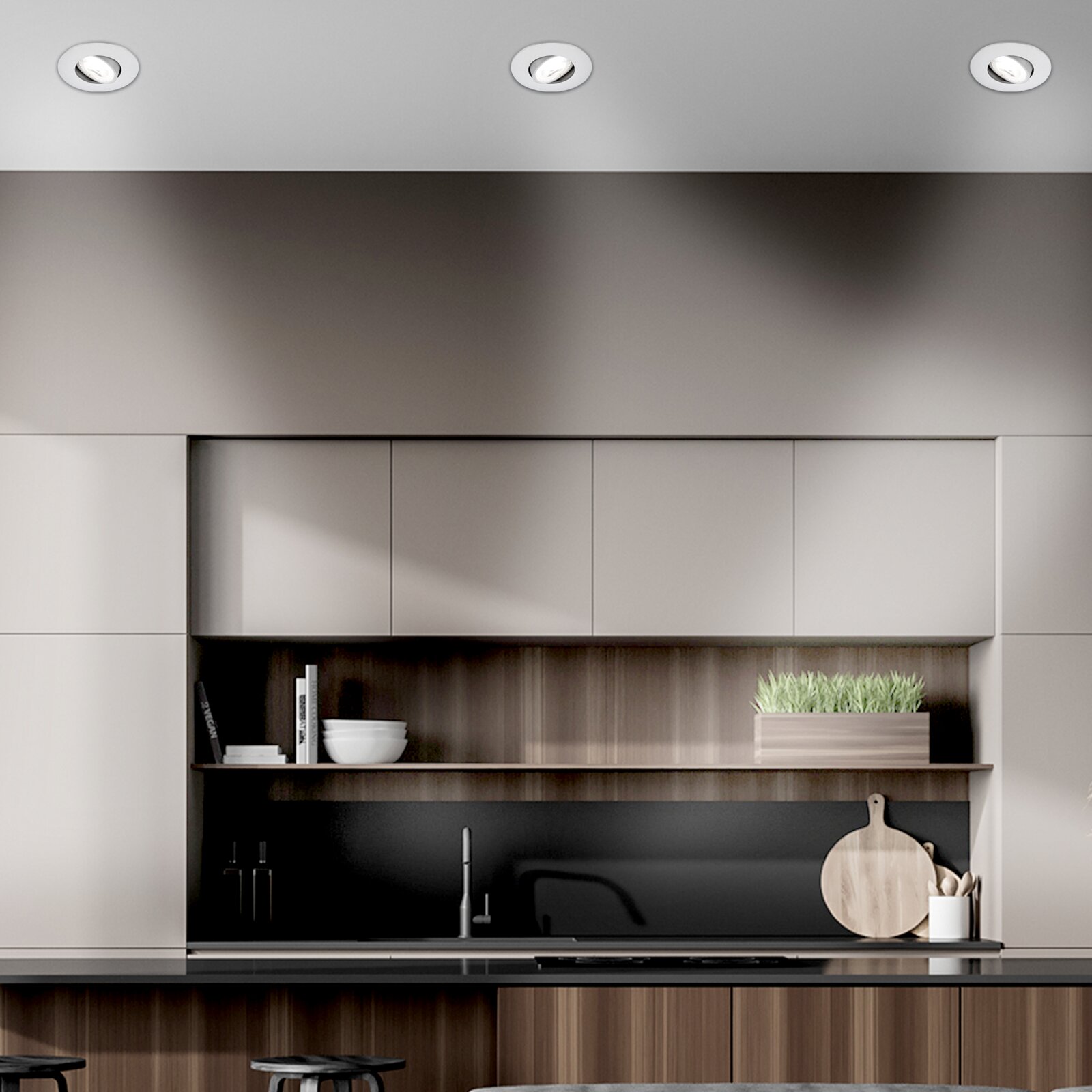 Moderne keuken met drie ingebouwde ledlampen in het plafond, gezien van voren