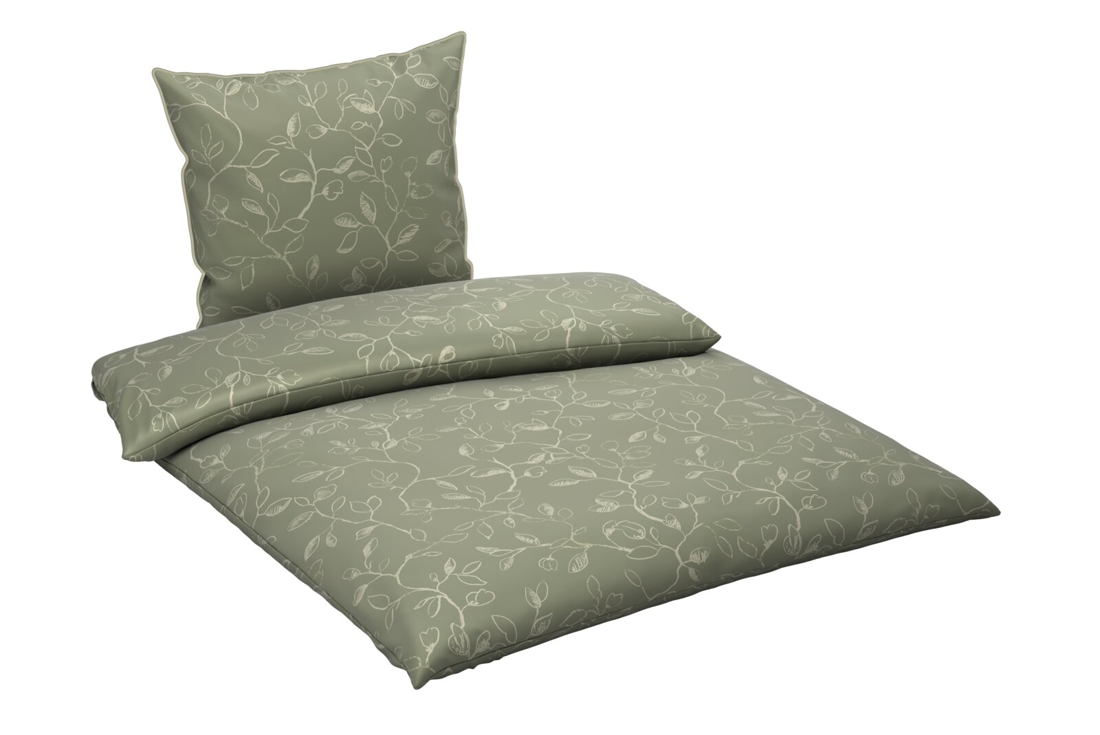 Grüne Bettwäsche mit floralem Muster, bestehend aus einem Kissenbezug und einem Bettdeckenbezug, in schräger Perspektive dargestellt.
