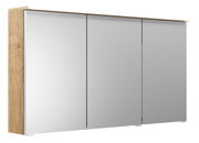 Spiegelschrank mit drei Türen und Holzseitenansicht, perspektivisch von links