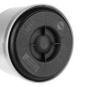 Bodenansicht einer weißen Isolierkanne SAMBA mit schwarzem Deckel, Kapazität 1,0 Liter, hergestellt in Deutschland.