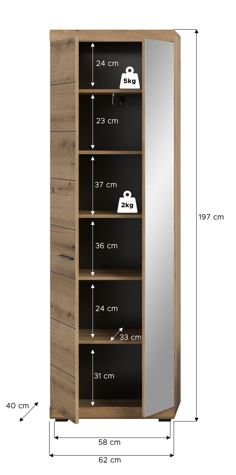 Garderobenschrank aus Holz mit mehreren Regalfächern und einer Spiegeltür, seitliche Perspektive