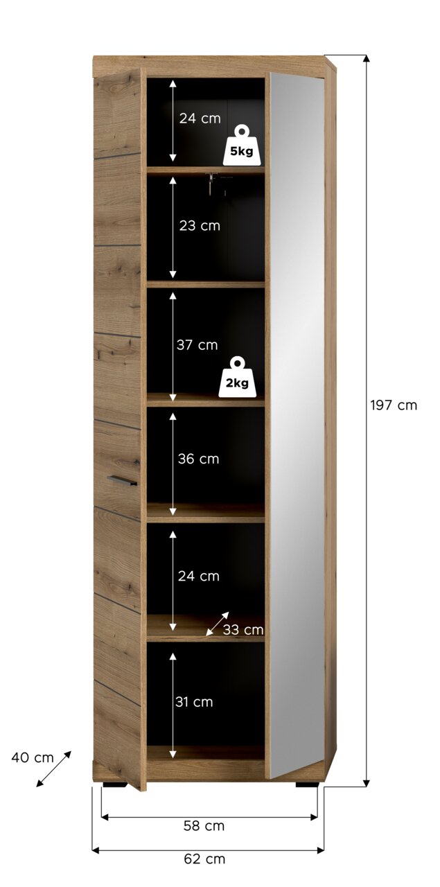 Garderobenschrank aus Holz mit mehreren Regalfächern und einer Spiegeltür, seitliche Perspektive