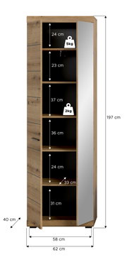 Garderobenschrank aus Holz mit mehreren Regalfächern und einer Spiegeltür, seitliche Perspektive