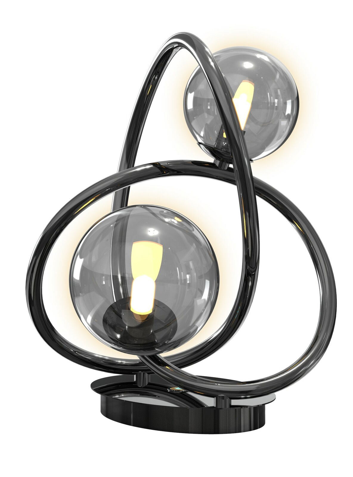 Moderne Tischleuchte Nancy mit zwei leuchtenden Glaskugeln und geschwungenem Metallrahmen, seitliche Perspektive