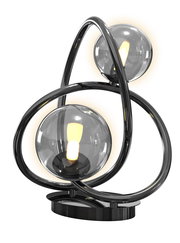 Moderne Tischleuchte Nancy mit zwei leuchtenden Glaskugeln und geschwungenem Metallrahmen, seitliche Perspektive