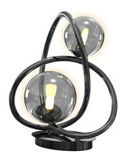 Moderne Tischleuchte Nancy mit zwei leuchtenden Glaskugeln und geschwungenem Metallrahmen, seitliche Perspektive