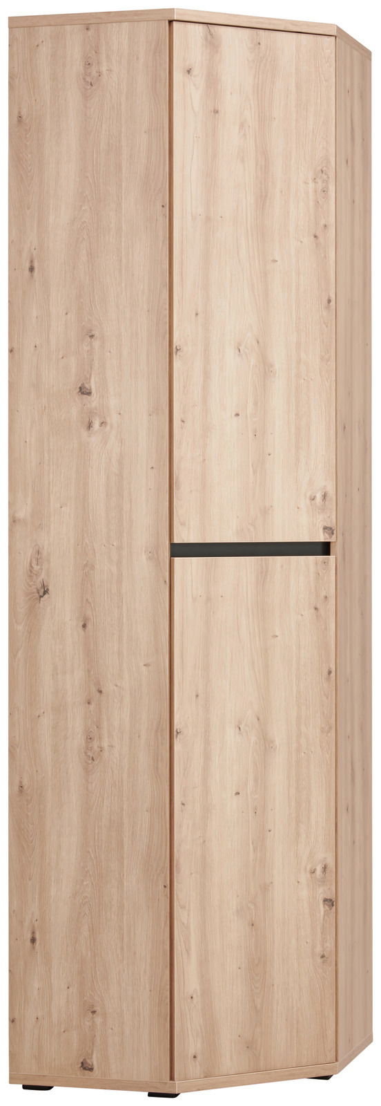 Eckschuh-Mehrzweckschrank aus Holz in heller Holzoptik, perspektivisch von vorne links fotografiert.