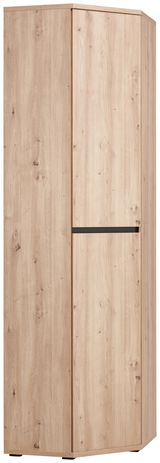 Eckschuh-Mehrzweckschrank aus Holz in heller Holzoptik, perspektivisch von vorne links fotografiert.