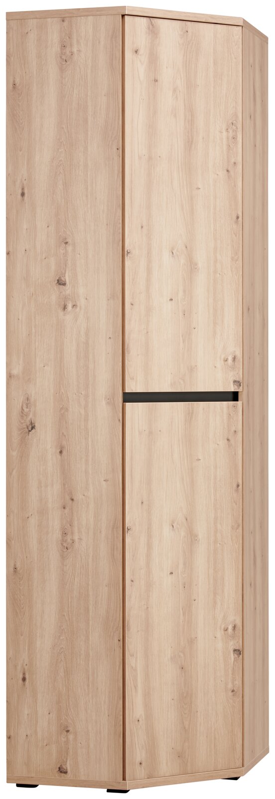 Eckschuh-Mehrzweckschrank aus Holz in heller Holzoptik, perspektivisch von vorne links fotografiert.