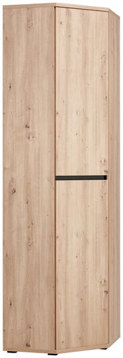 Eckschuh-Mehrzweckschrank aus Holz in heller Holzoptik, perspektivisch von vorne links fotografiert.